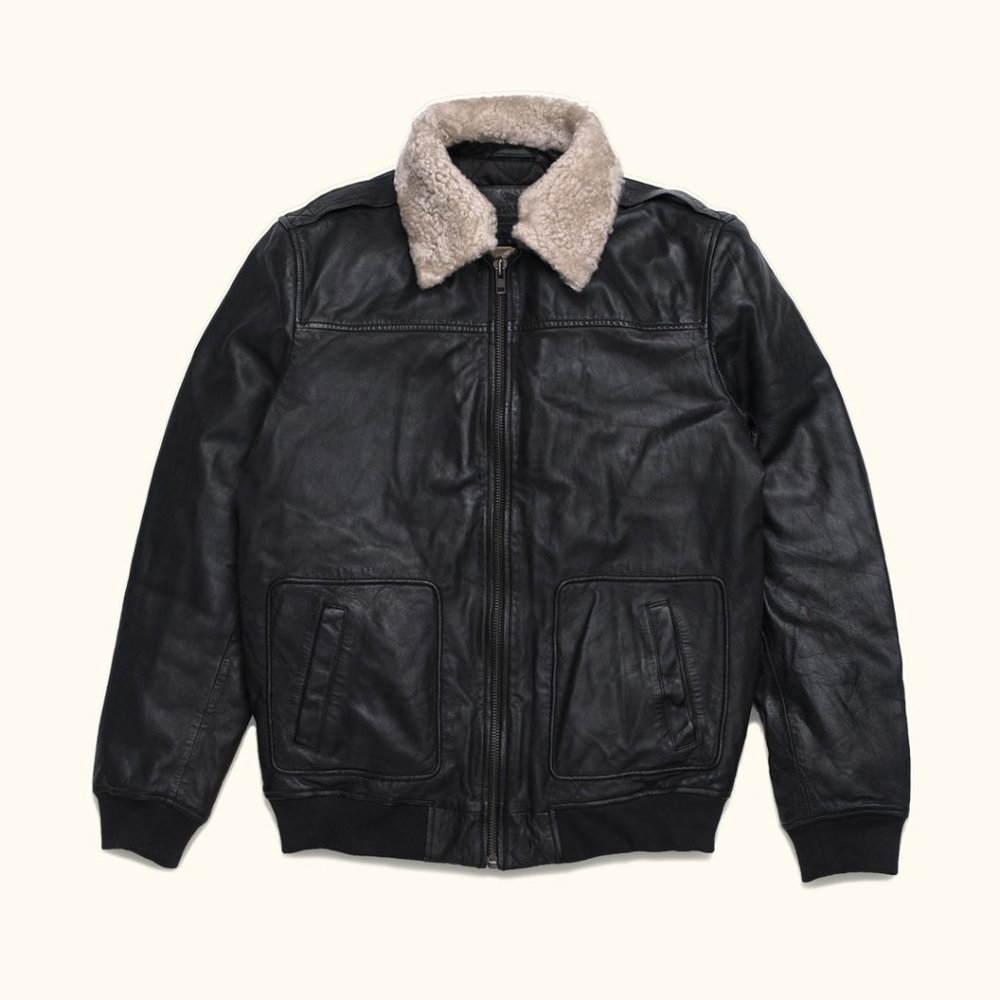 Bashwood Handmade Black Leather Bomber Fur Collar Jack